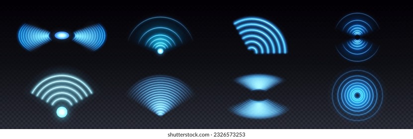 3d wifi neon light symbol technology vector effect. Abstract wireless wave sign glow icon. Sound scan echolocation line concept. Futuristic radial mobile phone spot disc. Concentric sonar antenna