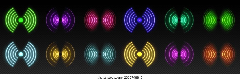 3 d efecto vectorial de la tecnología de símbolo de luz de neón wifi. Icono de brillo de señal de onda inalámbrica abstracta. Concepto de la línea de ecolocalización del escaneo de sonido. Disco de spot de teléfono móvil radial futurista. Antena sonar concéntrica