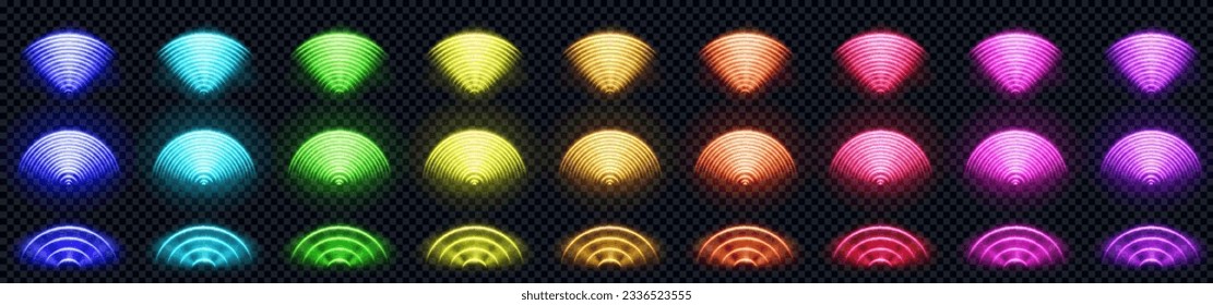 3d wifi neon light technology wireless signal. Abstract wave vector sign in purple, red, blue and green with laser glow radial design collection. Internet router ring icon for computer network set.