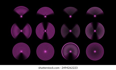 3D-WiFi-Symbol-Vektorgrafik mit glühendem Neon-Lila-Lichtsensor, Radar und Rundkreiswellen-Wireless-Technologie-Effekt. Wireless-Technologiekonzept  Vektorgrafik.