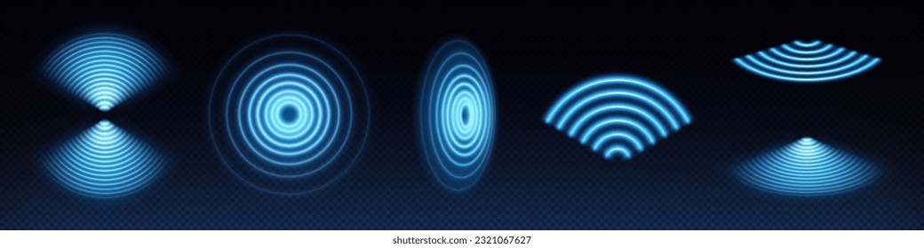 3d wifi wave light effect. Abstract scan radar sensor sound signal technology digital sign. Transparent neon circle symbol for wireless monitoring and protection. Blue electric frequency ring glow