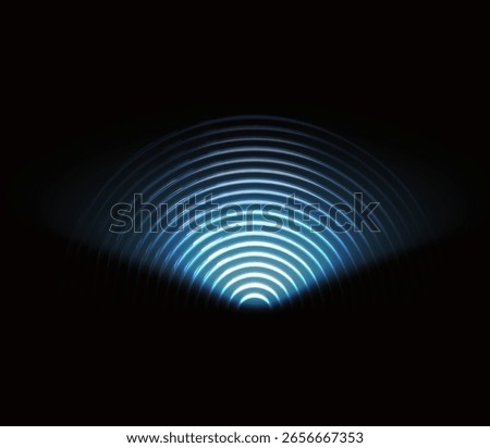3d wifi wave light effect. Scanning radar sensor sound signal technology digital sign. Neon circle symbol for wireless monitoring and protection. Blue Electric Frequency Ring Glow.