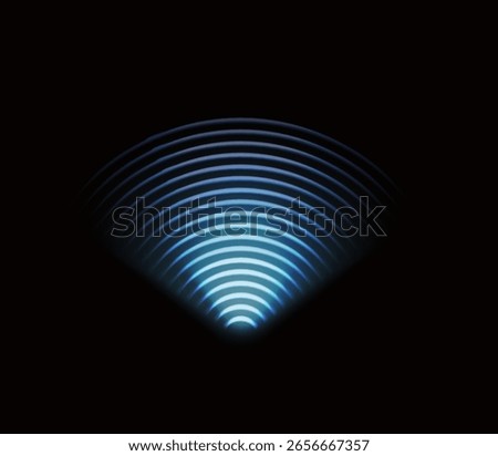3d wifi wave light effect. Scanning radar sensor sound signal technology digital sign. Neon circle symbol for wireless monitoring and protection. Blue Electric Frequency Ring Glow.