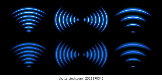 Ondas Wi-Fi 3D com luz radial de néon azul. Transmissão de dados sem fio e efeito de sinal de radar. Símbolos brilhantes para tecnologia de varredura de som e monitoramento de rede. Fluxo digital de símbolos e proteção.