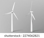 3d wind power generator turbine icon in vector on transparent background. Set of white windmill for renewable clean energy production. Aerogenerator islated illustration with realistic air propeller.