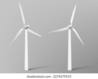 3d wind power generator turbine icon in vector on transparent background. Set of white windmill for renewable clean energy production. Aerogenerator islated illustration with realistic air propeller.