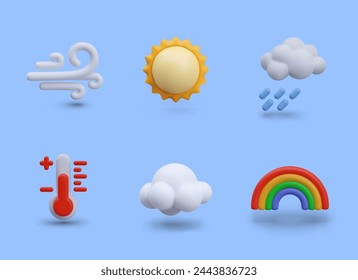 3D wind, sun, rain, red thermometer, white cloud, rainbow