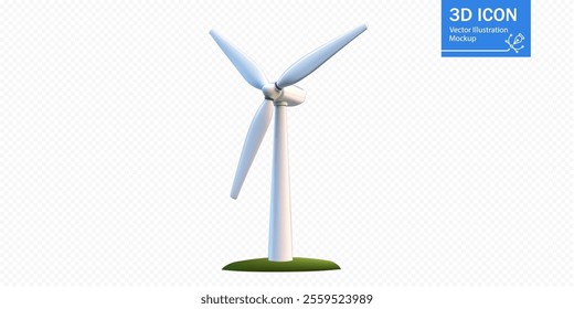 A 3D wind turbine model stands prominently on a green base, symbolizing renewable energy solutions. Its sleek design emphasizes sustainability in modern technology.