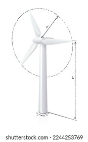 3 d turbina eólica sobre fondo blanco con líneas trazadas y círculos que indican las dimensiones del proyecto de turbina eólica