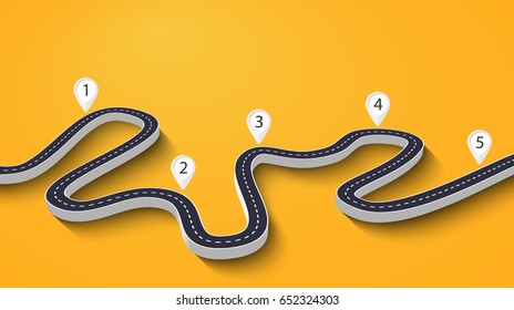 3D Winding Road on a Colorful Background. Road way location infographic template with pin pointers. Vector EPS 10