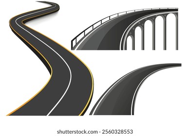 3d winding road on a white isolated background. Road way location infographic template, simple curved road vector illustration