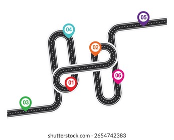 Carretera sinuosa 3D sobre un fondo aislado blanco. Plantilla de infografía de ubicación de carretera, Ilustración vectorial de carretera curva simple