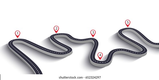 3D Winding Road on a White Isolated Background. Road way location infographic template with pin pointer. Vector EPS 10