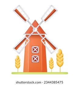 Icono de la granja de molinos de viento 3D Ámsterdam, caricatura vectorial Molino Holland, espigón de trigo objeto de torre de paisaje. Logo de la agricultura de panadería, construcción rural de madera, concepto de cosecha de los pueblos. Ciclón de molino de viento