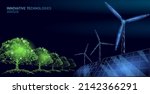 3D windmills ecology forest concept. Save environment wind green tree energy sustainable power. Eco global planet solution. Triangle vector illustration art