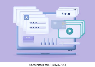 3d window computer. Popup error window on pc screen. User interface with problematic program loading. Notification and warning of a virus or software glitch. Loading error message on desktop. Vector