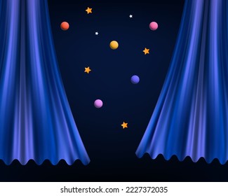 3d window curtains. Night sky with stars and planets, space view from the window. Theatrical stage with blue, luxurious curtains. Opening concert or event. Stars in the evening. Holiday show. Vector.