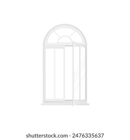 3D window with white frame and arch, transparent glass and open sash vector illustration