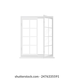 3D window with white frame, clear glass and one open sash on hinges vector illustration