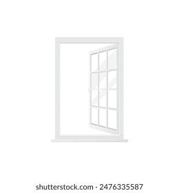 3D window with white frame open one sash divided into square sections vector illustration