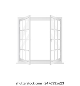 3D window with white frame and two open sashes for fresh air vector illustration