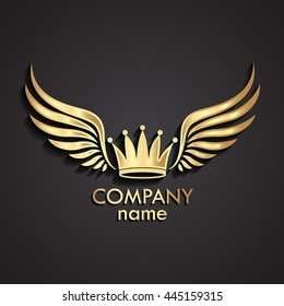 3d winged crown golden logo / vector illustration
