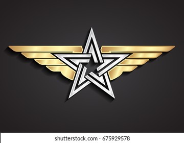 3d winged silver golden star symbol