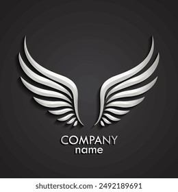 3d wings silver logo, vector illustration