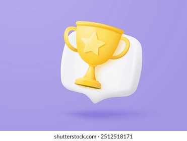 3d winner award with golden cup, gold winner stars for rewards ceremony. Contest ceremony first and second and third concept on podium. 3d trophy champion icon vector render illustration