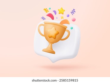 3d winner award with golden cup, gold winner stars for rewards ceremony. Contest ceremony first and second and third concept on podium. 3d trophy champion icon vector render illustration