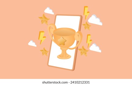 Copa Ganadora 3D en pantalla de smartphone. Punto de presentación de descuento de promoción, sorpresa de promoción del cliente.3d objetivo de tecnología,ilustración de uso de medios sociales en línea.