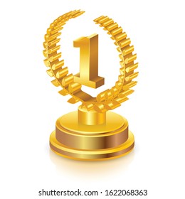 3D winner icon, Golden award on pedestal, success, reward sign symbol on white. illustration vector.