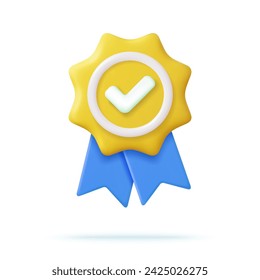 3d Winner medal with ribbon. Cartoon minimal style. Premium quality, quality guarantee symbol. 3d rendering Certificate Blank badge icon. Vector illustration