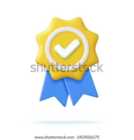 3d Winner medal with ribbon. Cartoon minimal style. Premium quality, quality guarantee symbol. 3d rendering Certificate Blank badge icon. Vector illustration