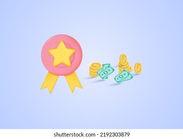 3D Winner medal with ribbon and dollar bill and stack coins, on soft pink pastel background. Shopping online, sale, promotion, discount. Minimal cartoon icon. Vector illustration