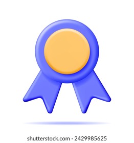 3D Winner Medal with Ribbon Isolated. Render Certificate Blank Badge Icon. Quality Guarantee Symbol. Award Shape with Ribbon. Quality, Trophy, Achievement and Goal Stamp. Vector illustration