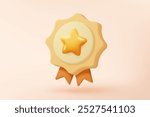 3d winner medal with star and ribbon on pastel yellow background. Quality guarantee of product champion award with cartoon minimal style. 3d graphics medal rating icon vector rendering illustration