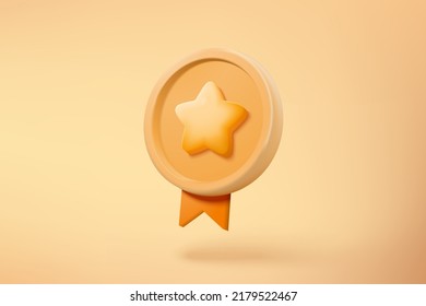 3d winner medal with star and ribbon on pastel yellow background. 3d quality guarantee of product champion award with cartoon minimal style. 3d medal quality rating icon vector rendering illustration