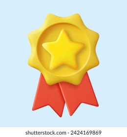 3d Winner medal with star and ribbon. Cartoon minimal style. Premium quality, quality guarantee symbol. 3d rendering Certificate Blank badge icon. Vector illustration