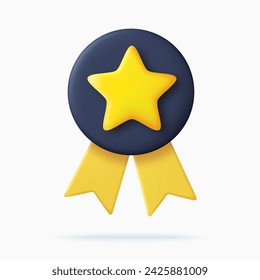 3d Winner medal with star and ribbon. Cartoon minimal style. Premium quality, quality guarantee symbol. 3d rendering Certificate Blank badge icon. Vector illustration