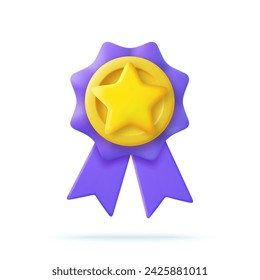 Medalla 3d ganadora con estrella y cinta. Dibujos animados estilo minimalista. Calidad superior, símbolo de garantía de calidad. Icono de insignia en blanco de certificado de renderizado 3d. Ilustración de vector