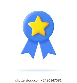 3d Winner medal with star and ribbon. Cartoon minimal style. Premium quality, quality guarantee symbol. 3d rendering Certificate Blank badge icon. Vector illustration