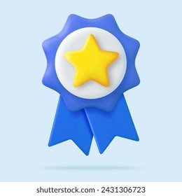 3d Winner medal with star and ribbon. Cartoon minimal style. Premium quality, quality guarantee symbol. 3d rendering Certificate Blank badge icon. Vector illustration