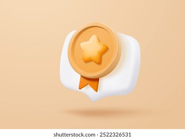 medalha do vencedor em 3d com estrela e fita no certificado. Garantia de qualidade do prêmio de campeão do produto com estilo cartoon mínimo. ilustração de renderização vetorial do ícone de classificação da vitória 3d