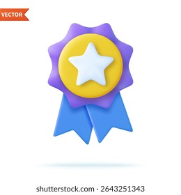 3d Winner medal with star and ribbon. Cartoon minimal style. Premium quality, quality guarantee symbol. 3d rendering Certificate Blank badge icon. Vector illustration