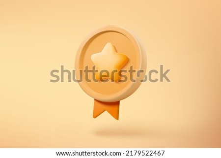 3d winner medal with star and ribbon on pastel yellow background. 3d quality guarantee of product champion award with cartoon minimal style. 3d medal quality rating icon vector rendering illustration