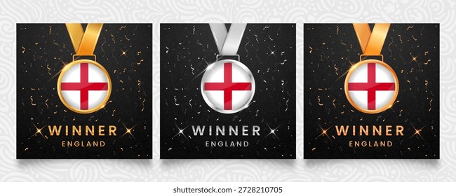 3D-Siegermedaillen mit dem Flaggendesign England St. George's Cross auf dunklem, strukturiertem Hintergrund mit goldenem und silbernem Konfetti und leuchtenden Sternen.