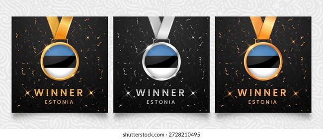 3D-Siegermedaillen mit dem estnischen blau-schwarz-weißen Dreifarben-Flaggendesign, auf dunklem strukturiertem Hintergrund mit goldenem und silbernem Konfetti und leuchtenden Sternen.