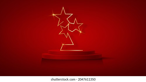 3D winner podium, red carpet party gold stars award concept. Banner Hollywood golden stars prize silhouette statue icon. Films and cinema symbol stock, Academy award vector isolated on red background