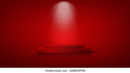 3D winner podium, red carpet staircase, celebrity party award concept. Banner Hollywood event, Films and cinema template stock, Academy award stars vector isolated on red background